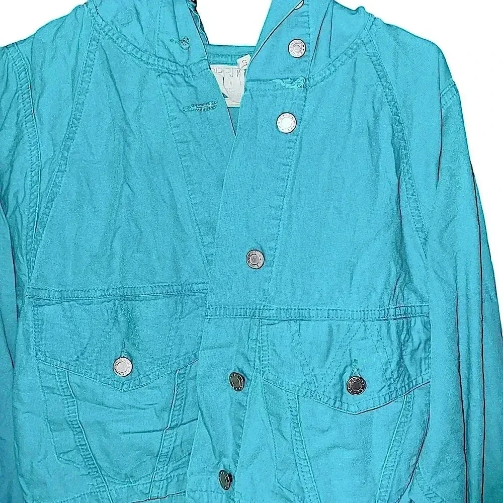 1980's Esprit Jeans Green Lightweight Denim Hooded Cropped Jacket Sz S - Picture 2 of 4